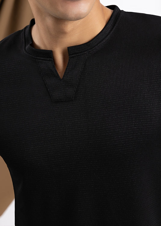 Waffle Notch Neck Short Sleeve T-Shirt