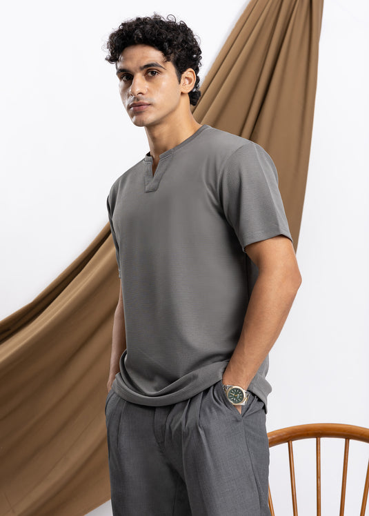 Waffle Notch Neck Short Sleeve T-Shirt