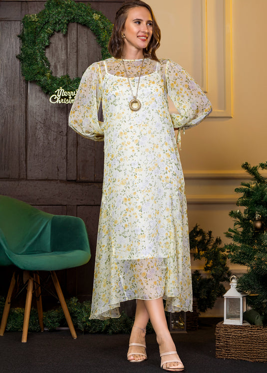 Printed Flowy Maxi Dress With Long Sleeves