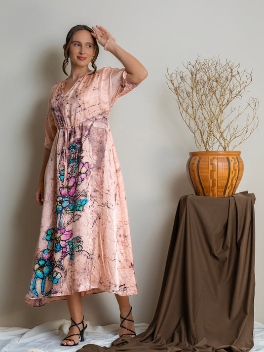 Batik batwing sleeve drawstring waist maxi dress