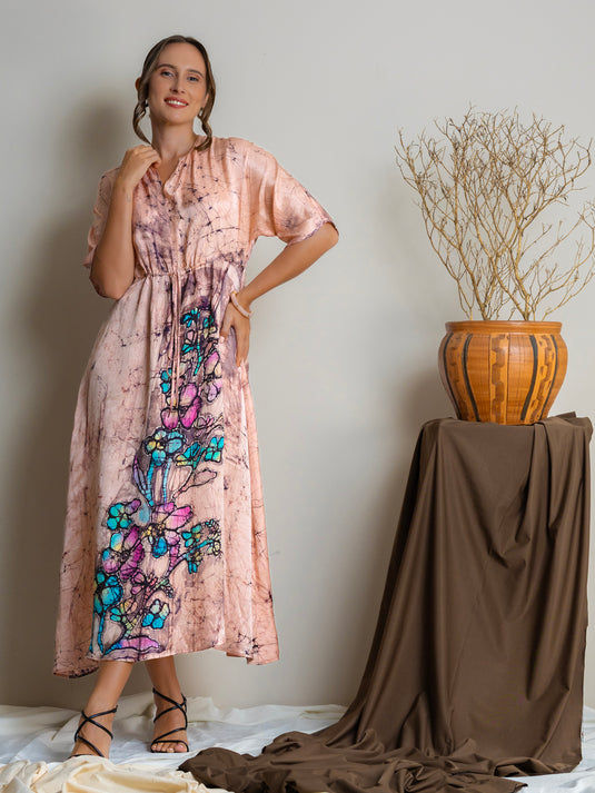 Batik batwing sleeve drawstring waist maxi dress