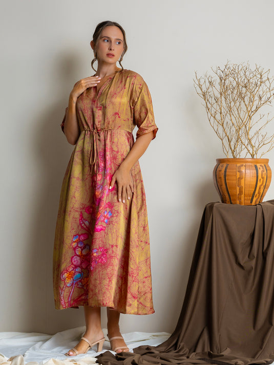 Batik batwing sleeve drawstring waist maxi dress