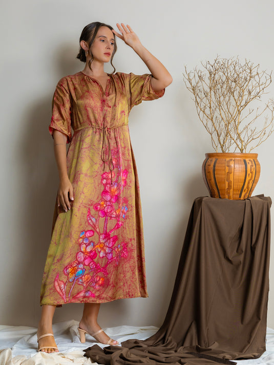 Batik batwing sleeve drawstring waist maxi dress
