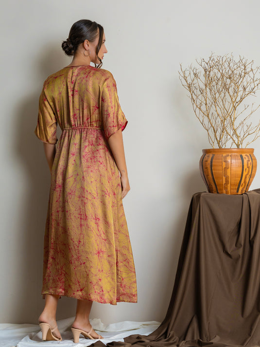 Batik batwing sleeve drawstring waist maxi dress