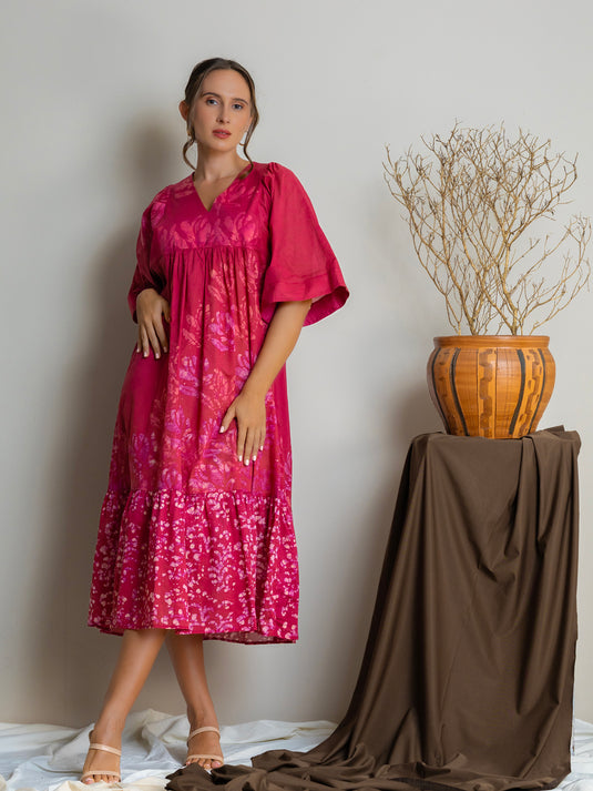 Bell sleeve ruffle hem batik dress