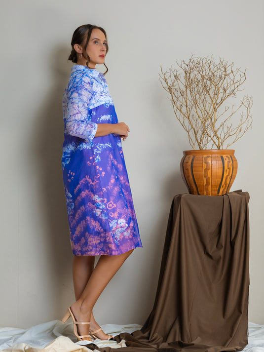 Collared button-down Batik shirt dress dress