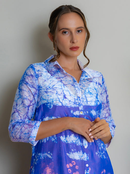 Collared button-down Batik shirt dress dress
