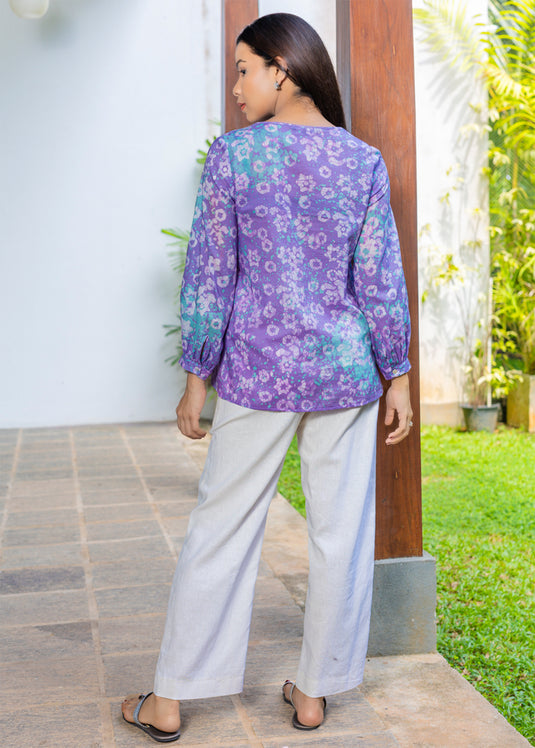 Batik Pintuck Top With Puff Sleeves