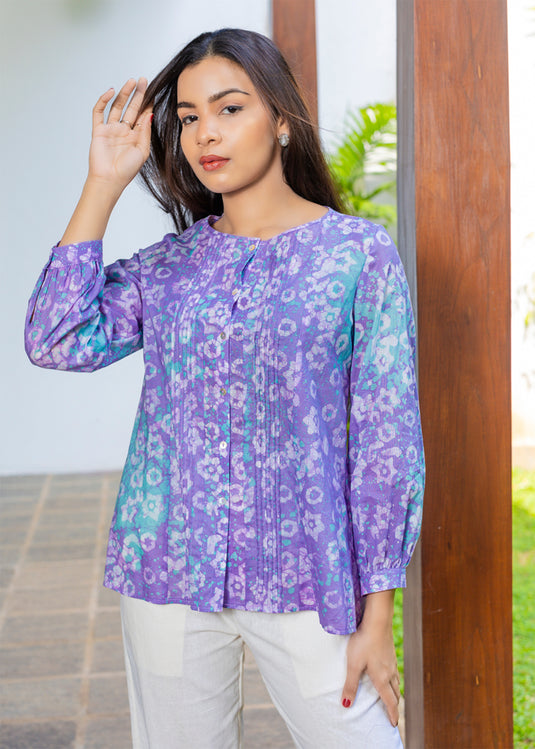 Batik Pintuck Top With Puff Sleeves