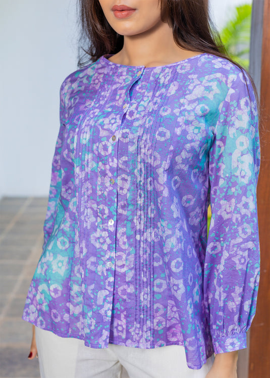 Batik Pintuck Top With Puff Sleeves