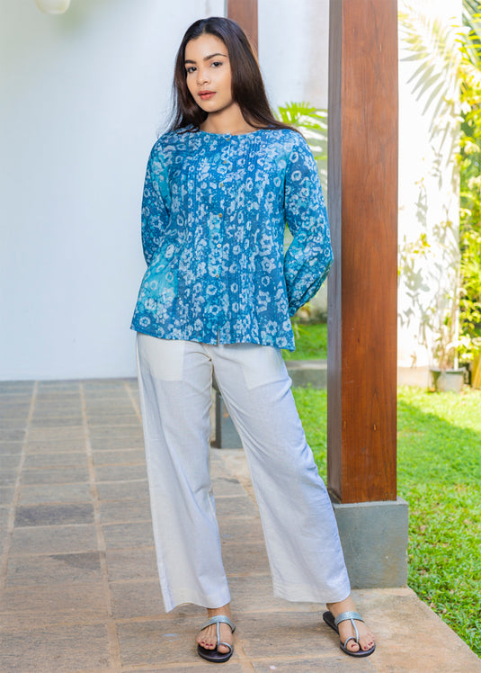 Batik Pintuck Top With Puff Sleeves