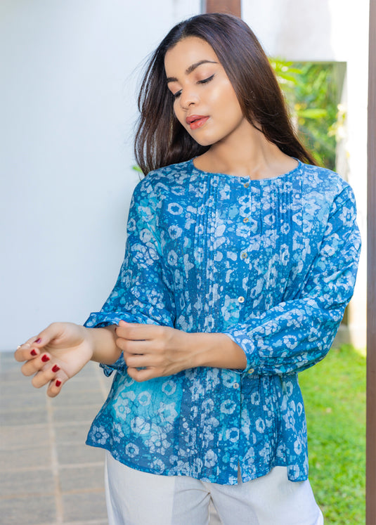 Batik Pintuck Top With Puff Sleeves