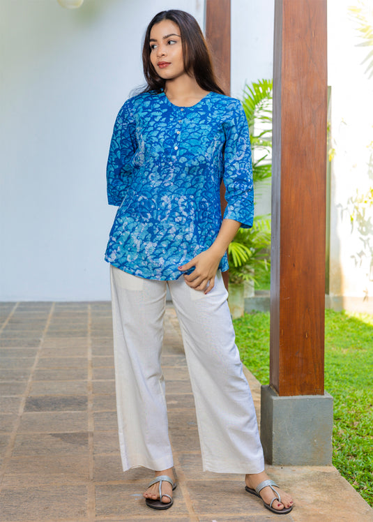 Batik Pintuck Top With Puff Sleeves