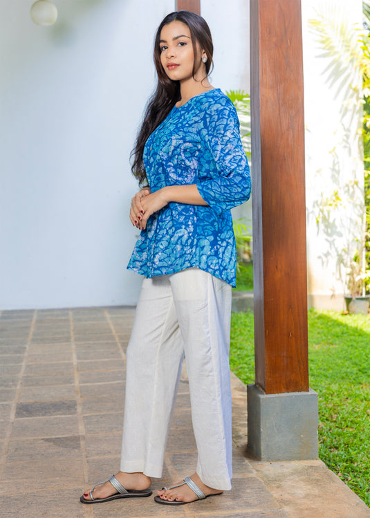 Batik Pintuck Top With Puff Sleeves