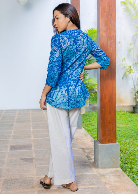 Batik Pintuck Top With Puff Sleeves