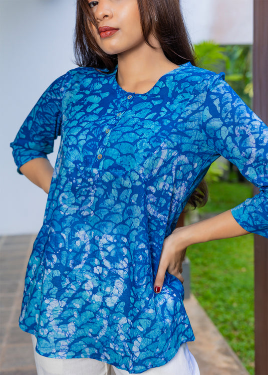Batik Pintuck Top With Puff Sleeves