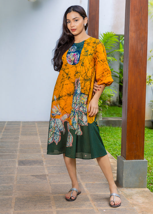 Batik Floral Dress Detailed With Front Yolk