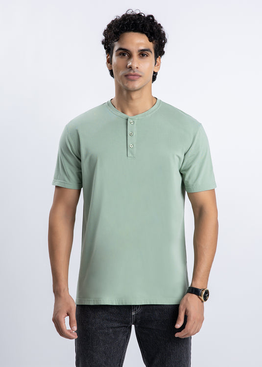 Half Placket Crew Neck  T-Shirt.