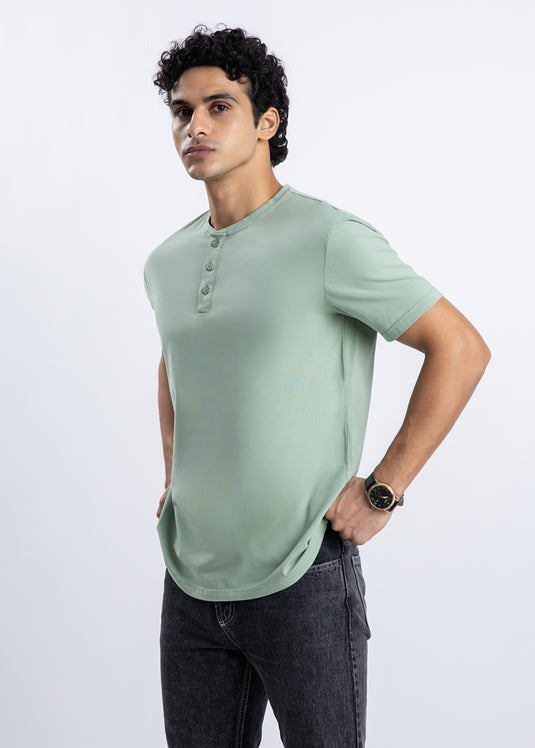 Half Placket Crew Neck  T-Shirt.