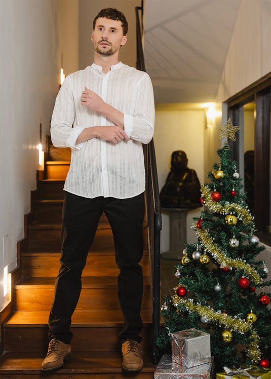 Textured Manderine Collar L/S Shirt