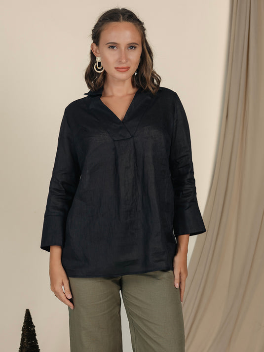 Oversized Linen Blouse With Collar And Large Cuff