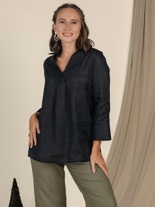 Oversized Linen Blouse With Collar And Large Cuff