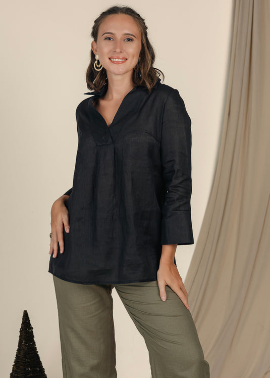 Oversized Linen Blouse With Collar And Large Cuff