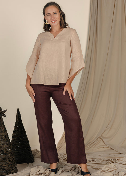 V Neck Linen Blouse With Bell Sleeve