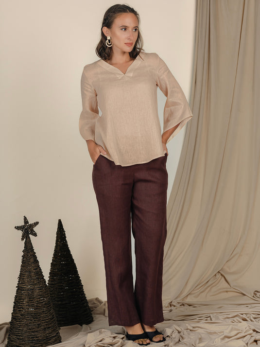 V Neck Linen Blouse With Bell Sleeve