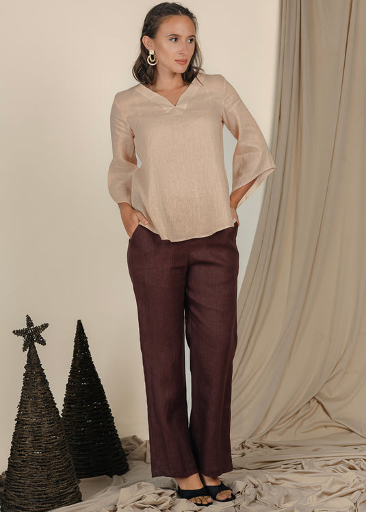 V Neck Linen Blouse With Bell Sleeve