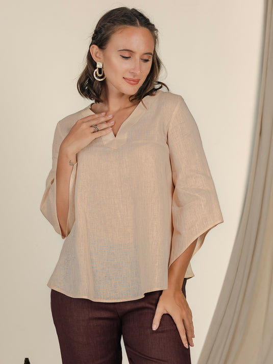 V Neck Linen Blouse With Bell Sleeve