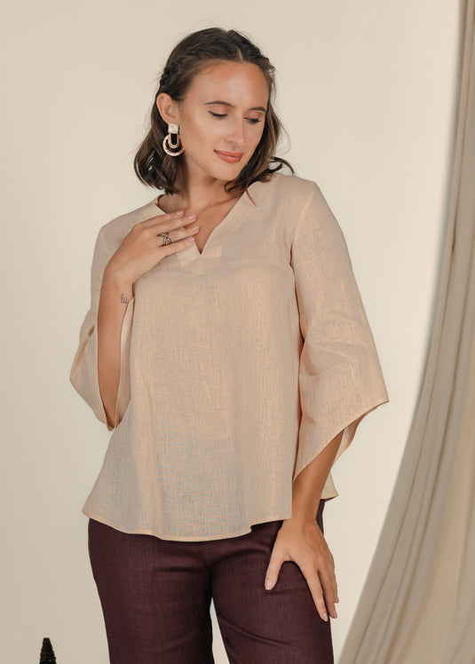 V Neck Linen Blouse With Bell Sleeve