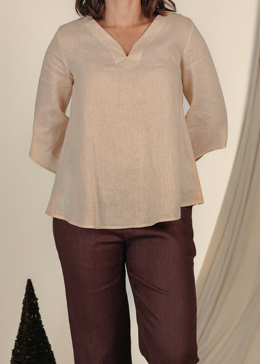 V Neck Linen Blouse With Bell Sleeve