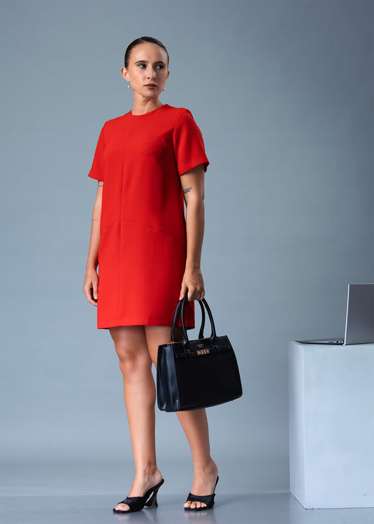 Round Neck Short Dress With Cut Panel Detail