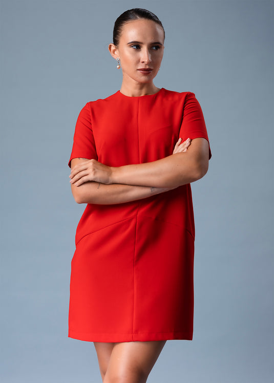 Round Neck Short Dress With Cut Panel Detail