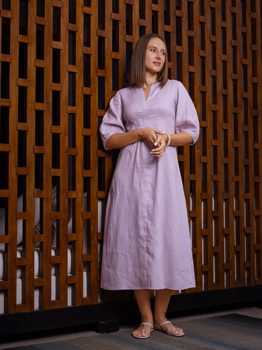 Premium linen midi dress with puff sleeve
