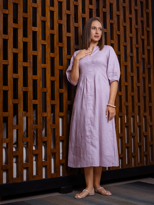 Premium linen midi dress with puff sleeve