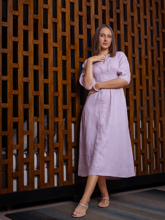 Premium linen midi dress with puff sleeve