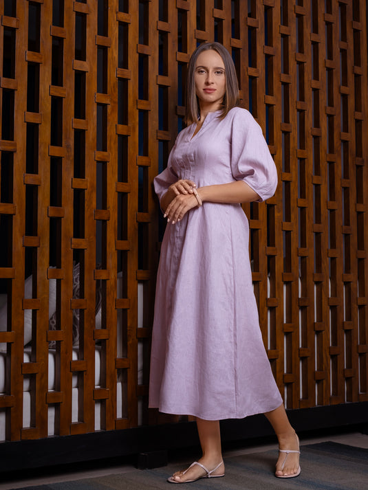 Premium linen midi dress with puff sleeve