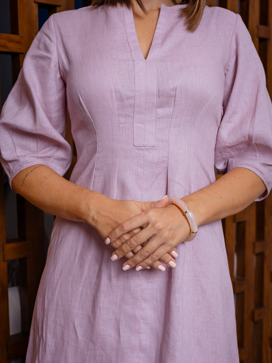 Premium linen midi dress with puff sleeve