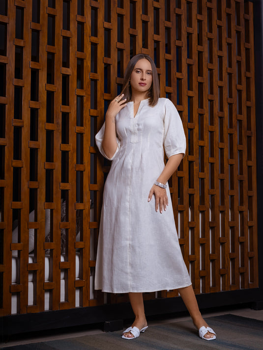 Premium linen midi dress with puff sleeve