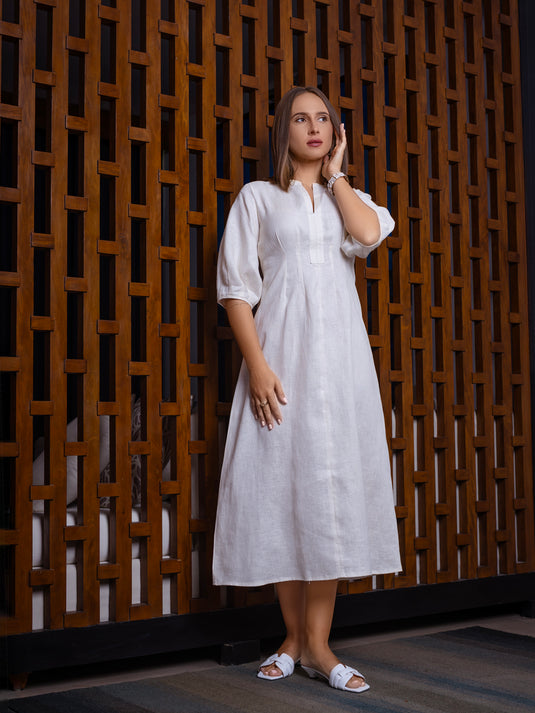 Premium linen midi dress with puff sleeve