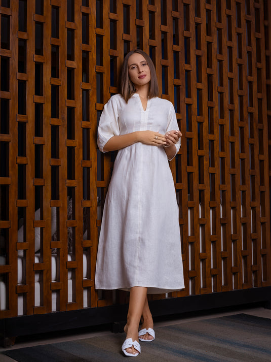 Premium linen midi dress with puff sleeve
