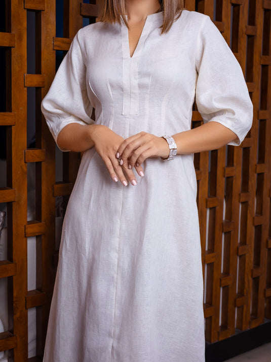 Premium linen midi dress with puff sleeve