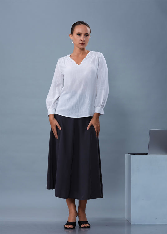 V Neck Long Sleeve Blouse With Smocking Detail