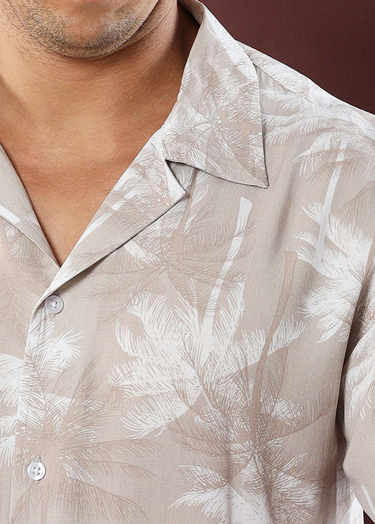 Beige Printed Cuban Collar S/S Shirt