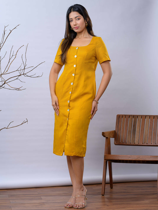Button down linen dress with round neck