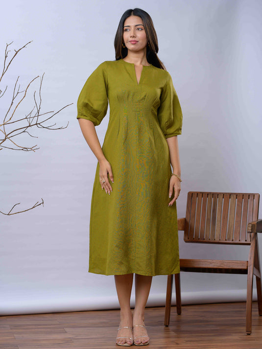 Linen midi dress with pleat detail