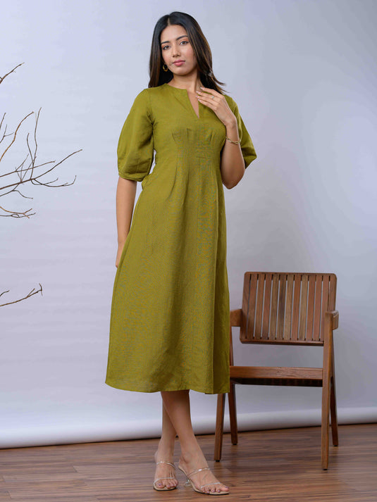 Linen midi dress with pleat detail