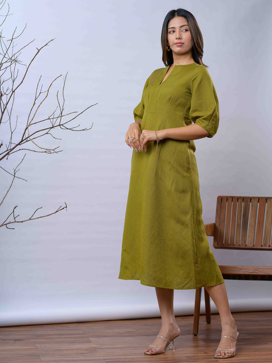 Linen midi dress with pleat detail